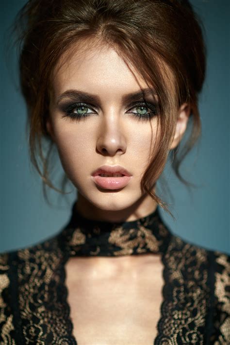 women model brunette long hair looking at viewer face konstantin kryukovskiy green eyes