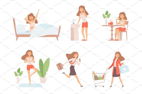 Woman Daily Routine Business Lady Pre Designed Vector Graphics
