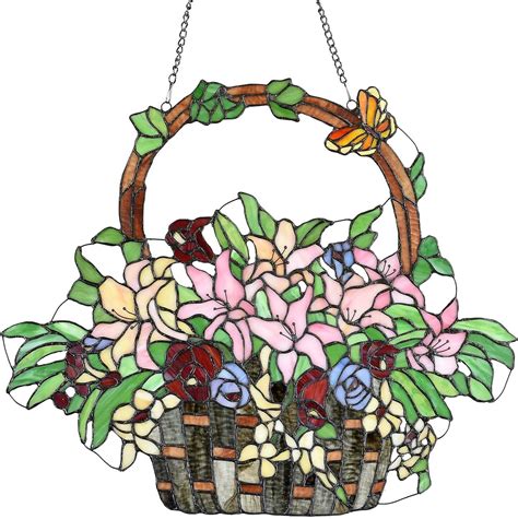 Bieye W10037 Lily And Rose Flower Gaily Decorated Basket Tiffany Style Stained Glass