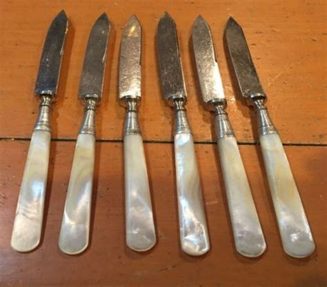 Set Of 6 Vintage Fruit Knives Mother Of Pearl Handles With Sterling