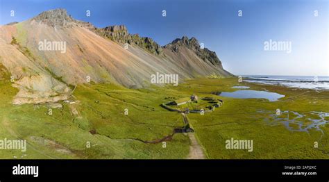 Icelandic Aerial Landscape With A Viking Village In Stokksnes Panorama