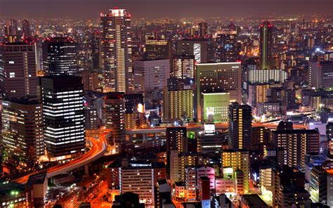 Download Wallpapers Osaka Nightscape Roads Modern Buildings Japan