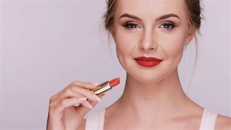 Beautiful Woman Applies Red Lipstick Showing Stock Footage Sbv