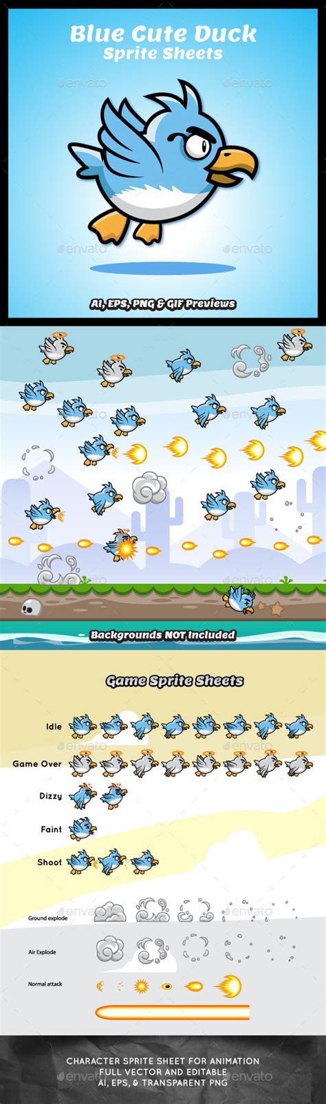 Cute Blue Duck Game Character Sprite Sheets Graphicriver
