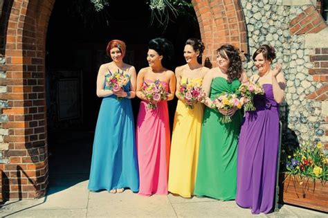A Wonderful Diy Wedding Bursting With Colour From Tabitha And James Rainbow Bridesmaid Dresses