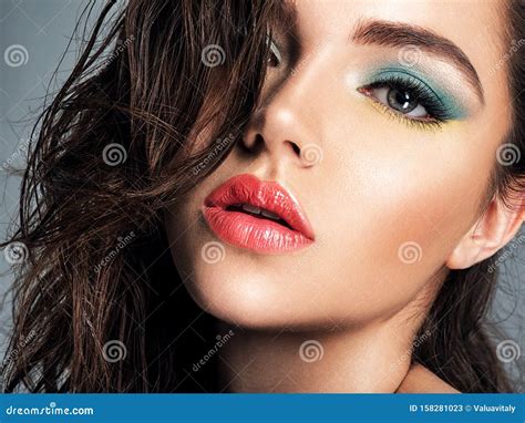 Beautiful Brunette Woman With Bright Red Lipstick On Her Lips Gorgeous