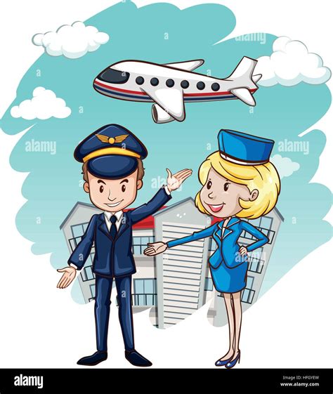 Pilot And Flight Attendant With Airplane In Background Illustration