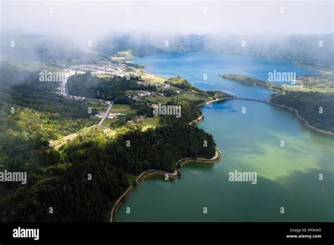 Top View Of The Lagoa Verde And Lagoa Azul Lakes In Sete Cidades