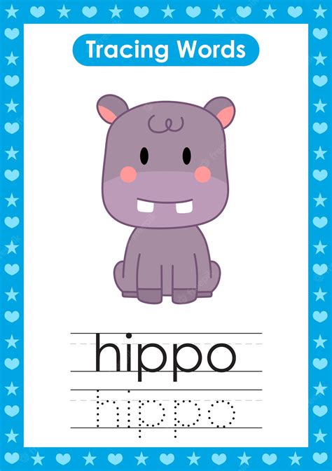 Premium Vector | English tracing word worksheets with animal hippo