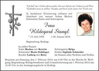 Traueranzeigen Von Hildegard Stangl Mittelbayerische Trauer