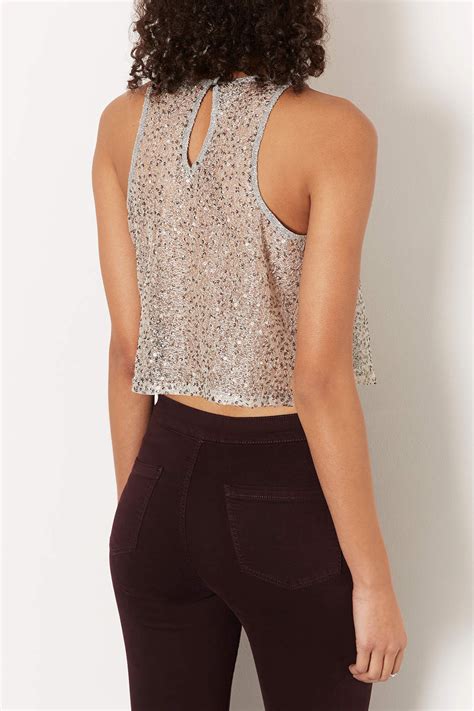 Topshop Petite All Over Sequin Shell Top In Silver Metallic Lyst