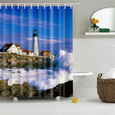 Blue Coastal Nautical Lighthouse Shower Curtain Art Custom Design