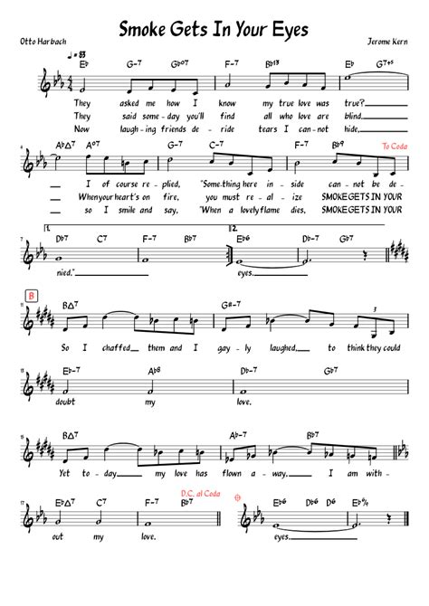 Smoke Gets In Your Eyes Lead Sheet With Lyrics Sheet Music For Piano