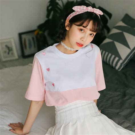 2018 Harajuku Shirt Women Korean Summer Fashion Cute T Shirts Embroidery Love Stitching Trend
