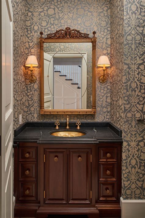 Powder Room With Custom Vanity Brass Sink And Grass Cloth Wallpaper By
