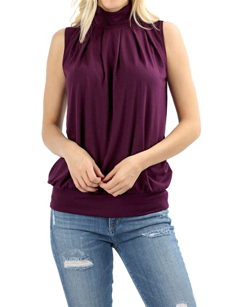 Thelovely Women Sleeveless Mock Turtleneck Pleated Top With Waistband