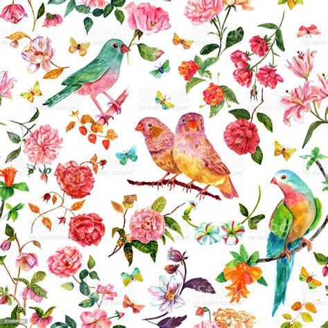 Vector colorful pattern with birds and flowers. Seamless Pattern With Vintage Watercolor Flowers Birds And ...