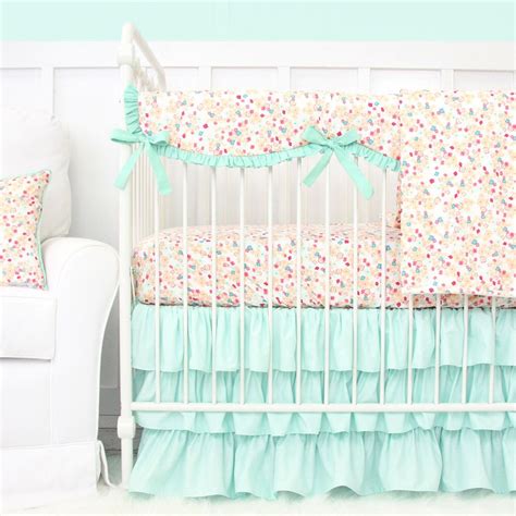 Mini Floral Baby Bedding 2 Or 3 Pc Crib Set In Coral Peach And Mint