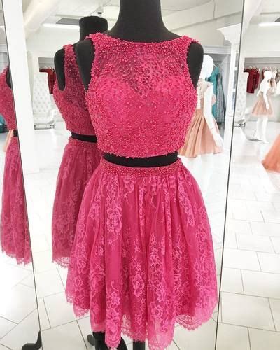 H89 A Line Lace Beading Two Pieces Short Homecoming Dress Lace