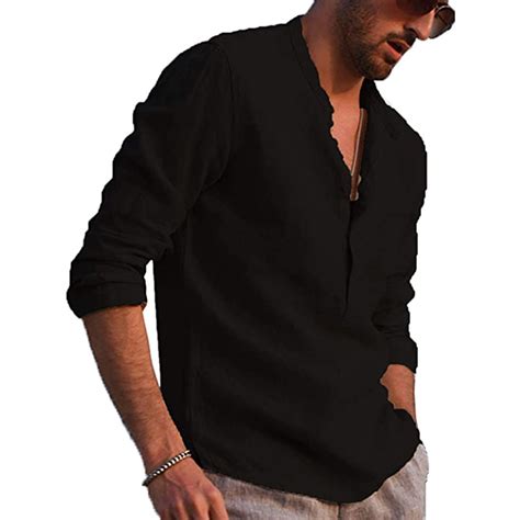 Mens Henley Cotton Linen Shirts Soft Casual Long Sleeve V Neck Solid
