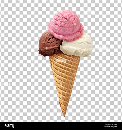 Chocolate Ice Cream Strawberry Ice Cream Vanilla Ice Cream Scoop With Cone Isolated On White
