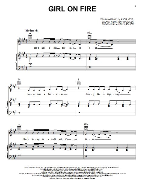 Girl On Fire Sheet Music Alicia Keys Piano Vocal And Guitar Chords Right Hand Melody