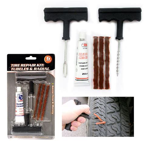 A good flat tire repair kit should have all the needed tools complete. 6 Pc Tire Repair Kit Tubeless Flat Tire Patch Car Rasp ...