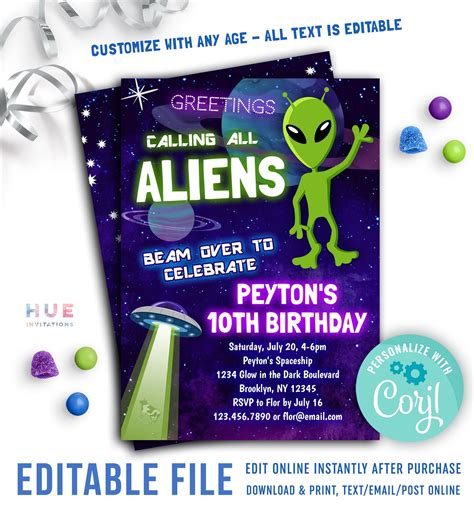 Ufo Alien Birthday Party Invitation Instant Download Outer Etsy France