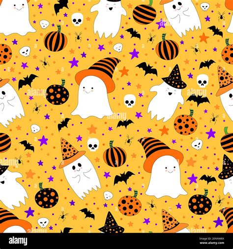 Halloween Seamless Pattern With Cute Ghosts In Hats Funny Pumpkins