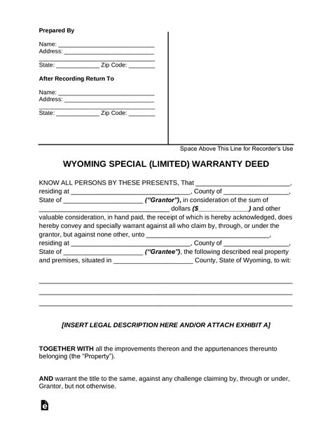 Free Wyoming Special Warranty Deed Form Pdf Word Eforms