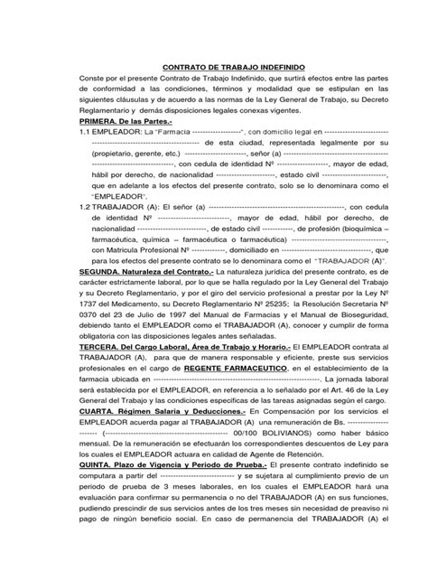 Modelo De Contrato De Trabajo Indefinido En Bolivia Vários Modelos