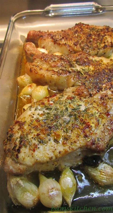 My favorite baked pork chops recipe — easy to make, nice and juicy, and easy to customize with your favorite seasonings. Rosemary herbed pork chops with shallot wine sauce | Pork recipes, Meat recipes, Pork dishes