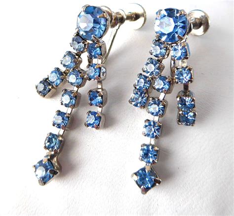 Vintage Baby Blue Rhinestone Earrings Dangles Screw Back S Etsy
