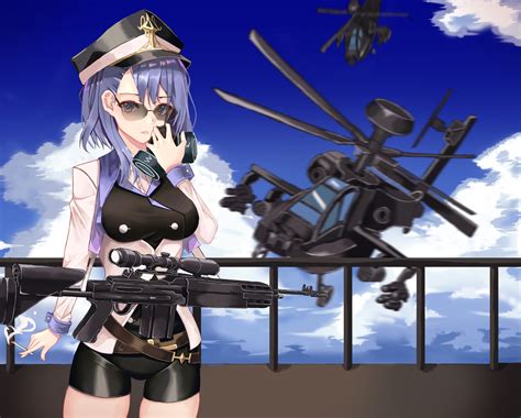 Safebooru Girl Absurdres Aircraft Battle Rifle Belt Black Headwear Black Shorts Blue Sky