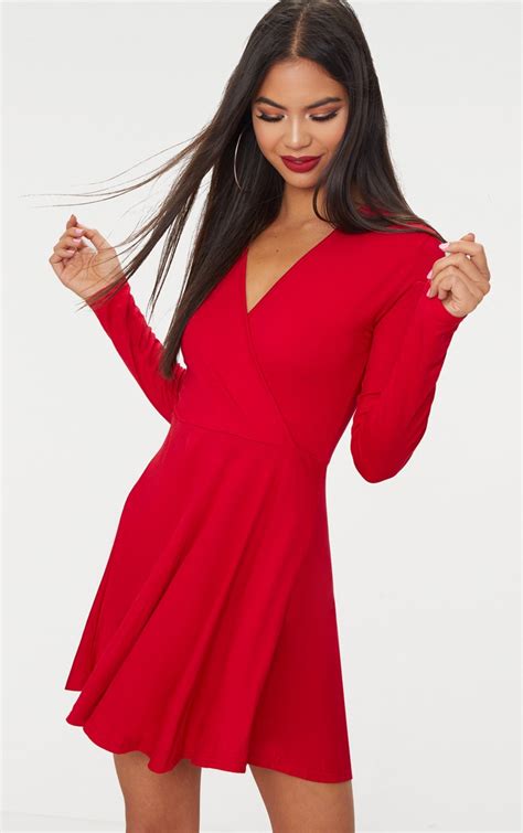 Red Jersey Wrap Long Sleeve Skater Dress Prettylittlething Il