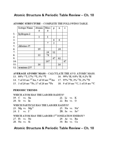 Chapter 5 Atomic Structure And The Periodic Table Answer Key