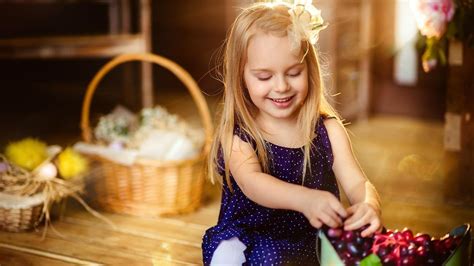 Smiley Cute Little Girl Is Wearing Blue White Dots Dress Sitting In