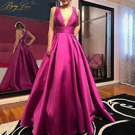 Buy Berylove V Neck Fuchsia Evening Dresses 2019 Satin