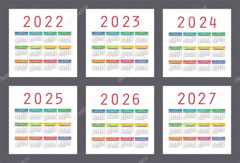 Calendario 2022 2023 2024 2025 2026 2027 Anni Set Vettore Grafica