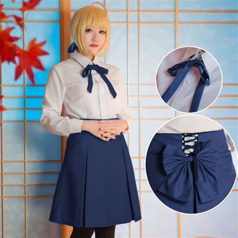 anime fate stay night saber cosplay costume whiteandblue uniform skirt carnaval disfraces