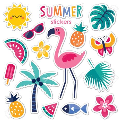 Cute Colorful Set Of Vector Summer Stickers With Pink Flamingo