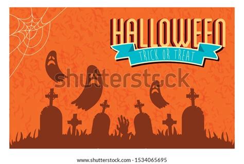 Poster Halloween Ghosts Cemetery Vector Illustration Stock Vector