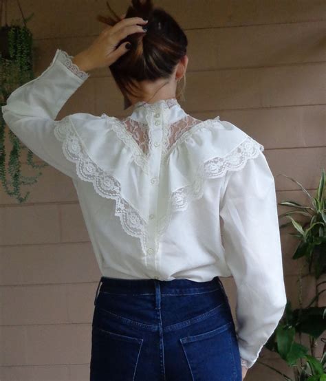 vintage 70 s blouse white sheer lace and ruffle button up medium large 70s blouse sheer