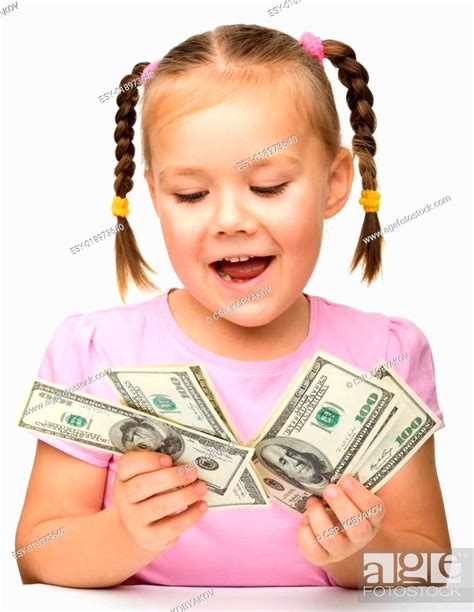 Cute Little Girl With Paper Money Dollars Stock Photo Picture And