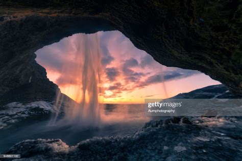 Behind Of Seljalandsfoss Waterfall At The Sunset Iceland