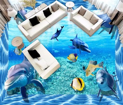 Underwater World 3d Dolphin Flooring Mural 3d Pvc Wallpaper Self