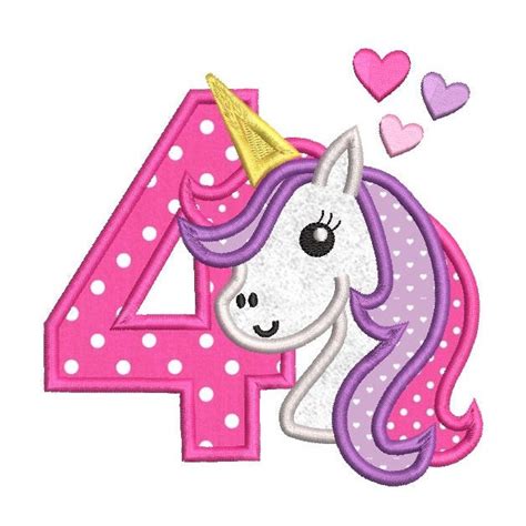 Girls 4th Birthday Unicorn Applique Design Rosieday Embroidery