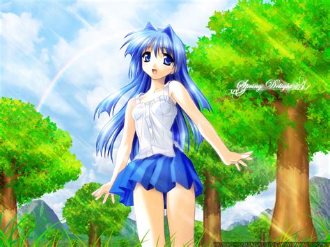 Blue Eyes Blue Hair Clouds Kanon Long Hair Minase Nayuki Norizou Rainbow Skirt Tree Watermark