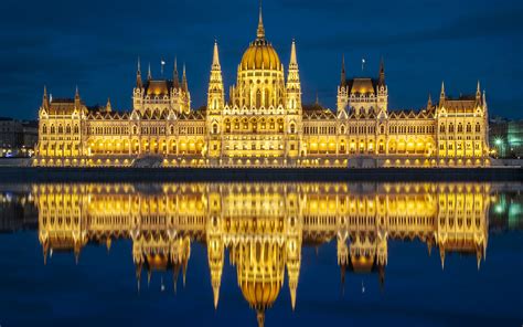 Hungarian Parliament Building In Budapest Hungary Reflection Night