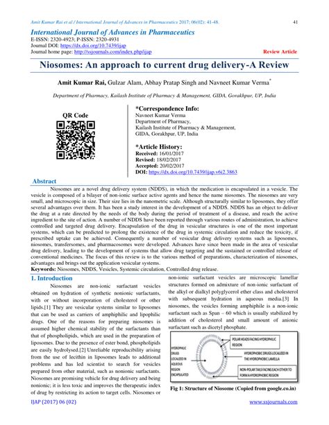 Pdf International Journal Of Advances In Pharmaceutics Niosomes An